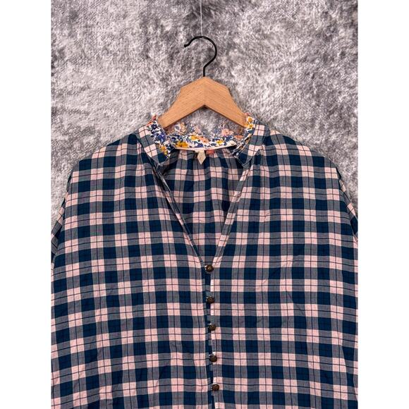 Anthropologie Top Medium Womens Pilcro Button Up Plaid Oversize Blue Pink Check - Picture 2 of 8